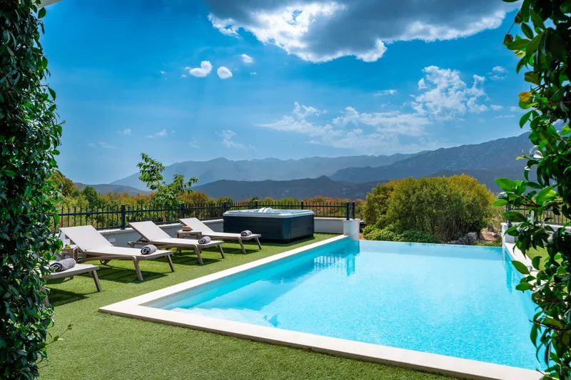 Private pool and loungers framed by garden greenery