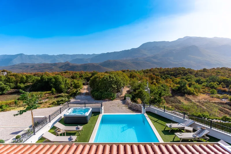 View across the pool terrace and Jacuzzi towards the Biokovo mountains