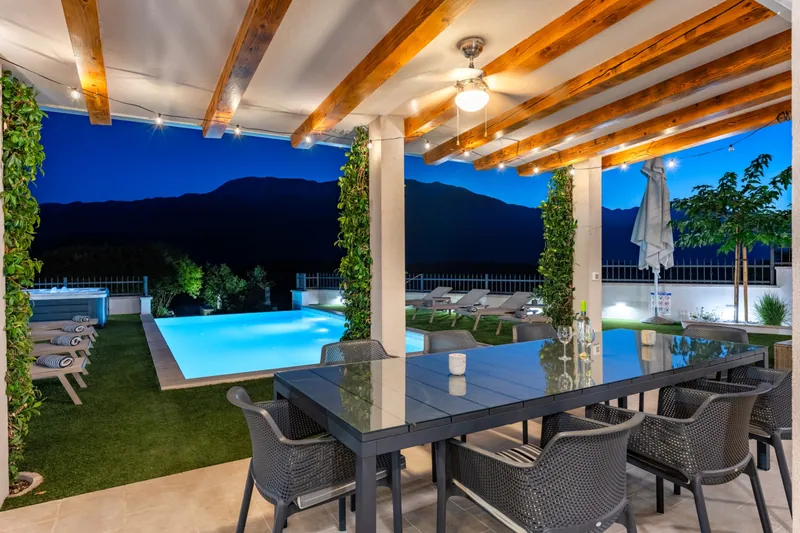Covered dining terrace in the evening